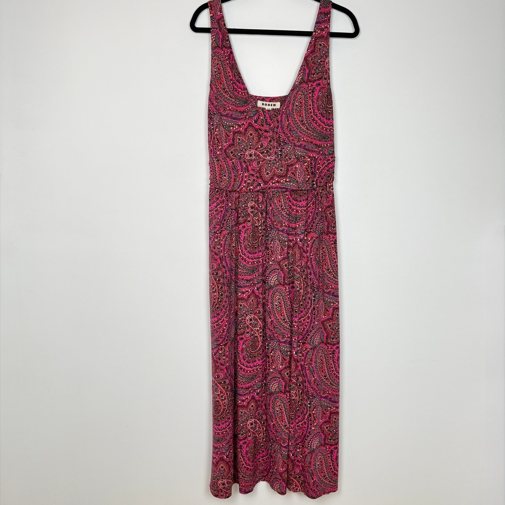 Boden Women Sleeveless Jersey Paisley Maxi Dress Sz 14R Pink V Neck Boho Pockets